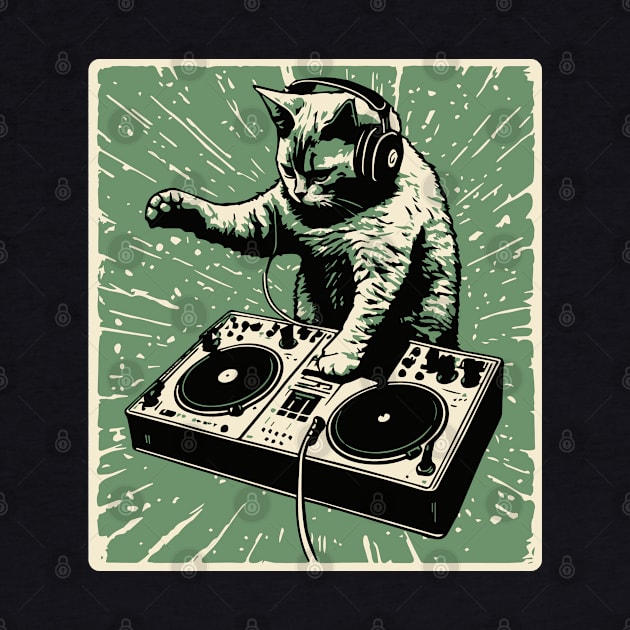 Cat DJ - Green Block Print - DJ Cat - Deadmau5 - Deadmouse by Barn Shirt USA